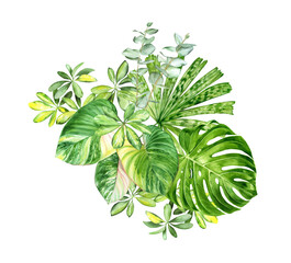 Watercolor floral illustration. Сomposition with tropical green leaves, flowers. Tropical bouquet for postcards, banners, wedding stationary, greetings, backgrounds, textiles , DIY, wrapping paper