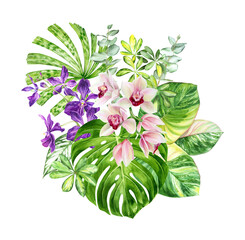 Watercolor floral illustration. Composition with tropical green leaves, flowers. Tropical bouquet for postcards, banners, wedding stationary, greetings, backgrounds, textiles , DIY, wrapping paper