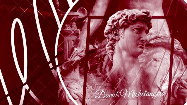 Blue and red background. Motion.Antique art, Michelangelo's David sculpture in animation with multicolored patterns nearby.