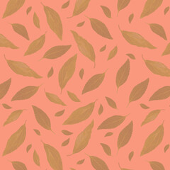 Seamless pattern with green leaves on a peach background. Watercolor effect. Natural ornament.