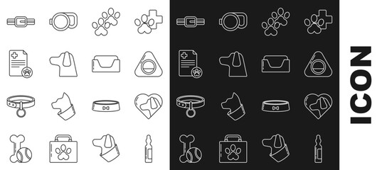 Set line Pets vial medical, Heart with dog, bed, Paw print, Dog, Clipboard clinical record pet, Collar name tag and icon. Vector