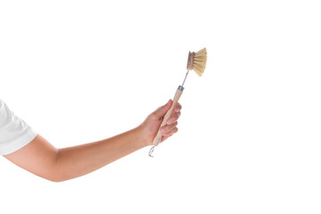 Wooden brush washing dishes in hand isolated on white background