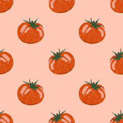 Tomatoes vector pattern, seamless for tomato paste label or tomato juice packaging. Hand drawn vegan background. Organic vegetables. Vegan ornament for eco market banner, healthy food flyer.