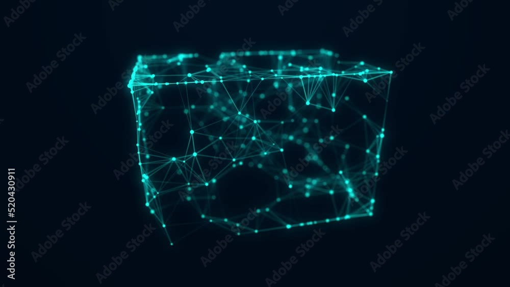 Aufkleber Abstract blue cube with connecting dots and lines. Big data visualization. Blockchain technology concept. Wireframe network connection structure. 3d rendering.
