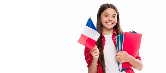 happy teen girl hold french flag and school copybook for studying, education abroad. Banner of...