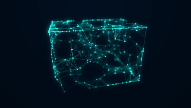 Abstract blue cube with connecting dots and lines. Big data visualization. Blockchain technology concept. Wireframe network connection structure. 3d rendering.