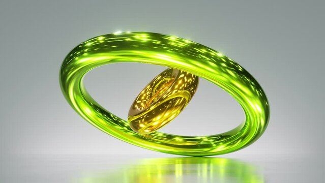 cycled 3d animation, abstract shiny rings spinning and rotating, glossy green yellow gold metallic objects, looping background