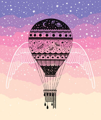 Freedom balloon. Vector hot air balloon with wings. Children festive sketch. Vintage hipster art. Pink peace and fun watercolor landscape illustration. Adventure cappadocia. Love poster. Retro banner © Olga Che