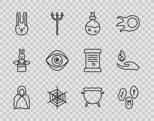 Set line Mantle, cloak, cape, Magic runes, Bottle with love potion, Spider web, Rabbit ears, Hypnosis, Witch cauldron and Hand holding fire icon. Vector