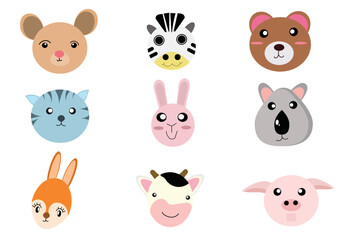 Obraz na płótnie Canvas Set of animal heads collection.Characters portrait cute animal faces on white background.portraits, Emoji funny animal, Logo, sticker,Kawaii,Vector Funny cartoon and animal heads concept.