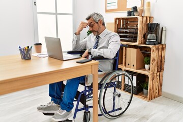 Middle age hispanic man working at the office sitting on wheelchair tired rubbing nose and eyes...