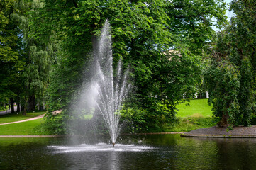 Naklejka premium Tall fountain in the middle of a pond in a green park, as a nature background 