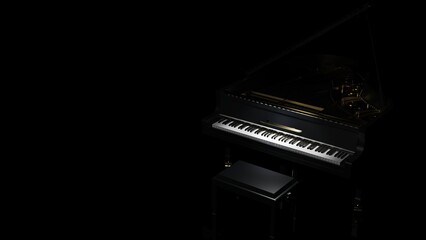 Black-gold Grand Piano under spot lighting background on black surface. 3D illustration. 3D CG. 3D high quality rendering.   © DRN Studio