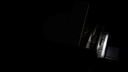 Black-gold Grand Piano under spot lighting background on black surface. 3D illustration. 3D CG. 3D high quality rendering.   - obrazy, fototapety, plakaty