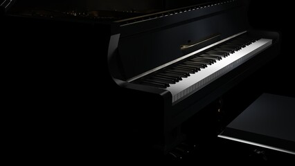 Black-gold Grand Piano under spot lighting background on black surface. 3D illustration. 3D CG. 3D high quality rendering.  
