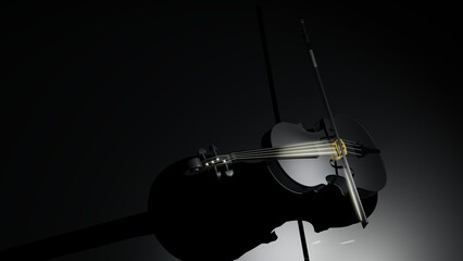 Gun metallic black classic violin on black planes under spot lighting background. 3D sketch design and illustration. 3D high quality rendering.