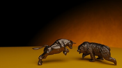 Bronze bull and bear sculpture staring at each other in dramatic contrasting light representing financial market trends under orange-black background. Concept images of stock market. 3D CG.