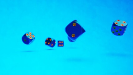 Rolling blue-orange dices under 
blue lighting background. Conceptual 3D illustration of establishment statistics, business opportunities, life crossroads and horse race gambling.