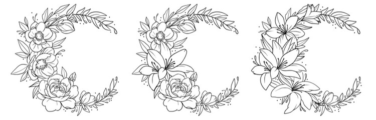 Moon flower wreath decoration outline black and white with lilies vector SVG line art