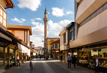 Street of Konya with numerous jewelry stores. Konya Province, Turkey.