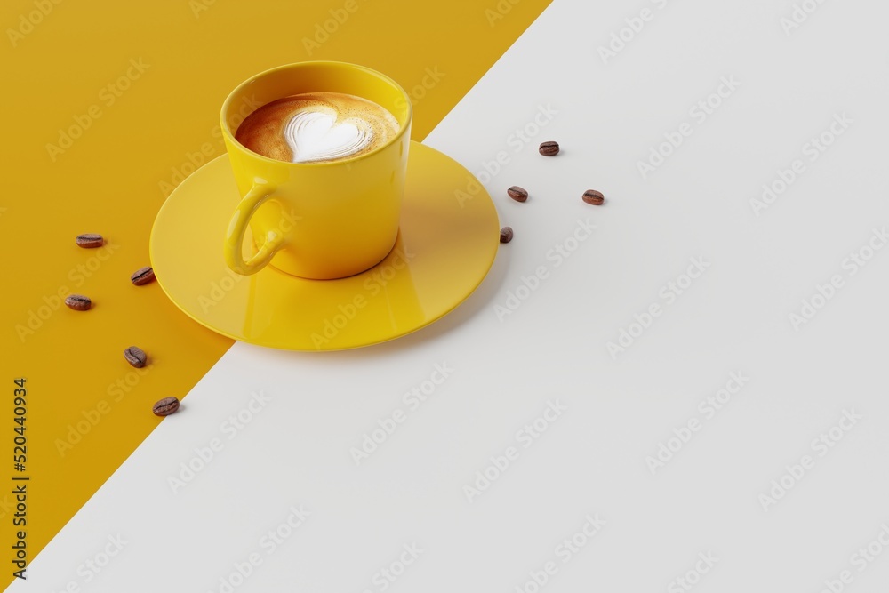 Canvas Prints Side view of a yellow cup of coffee on a yellow pastel background plus a coffee zairenka. Concept of drinking coffee, cafe. Energy. 3d rendering, 3d illustration.