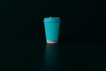 Blue cardboard coffee mug. Concept of drinking coffee in the city, buying coffee at a fast food station. Running and chasing time. 3d render, 3d
