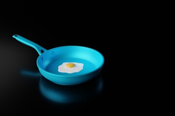 Blue frying pan with a fried egg on a dark background. The concept of preparing a dish with egg, frying an egg in a pan. 3d render, 3d