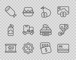 Set line Canned fish, Credit card, Price tag for pear, Discount percent, Salami sausage, Hand truck and boxes, New price dollar and Security camera icon. Vector