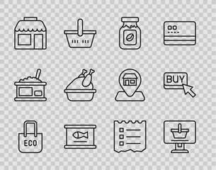 Set line Shopping bag with recycle, cart on computer, Coffee jar bottle, Canned fish, Market store, Roasted turkey chicken, list and Buy button icon. Vector