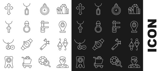 Set line Jeweler man, Earrings, Jewelry store, Pocket watch, Diamond engagement, Christian cross chain, and Calliper caliper and scale icon. Vector