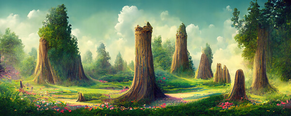 Landscape Stumps in the fairy tale forest on a summer day. Digital Painting Background, Illustration.