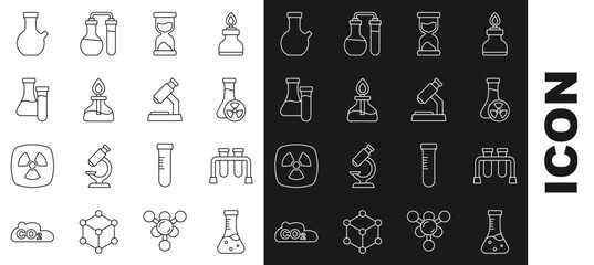 Set line Test tube, with toxic liquid, Old hourglass, Alcohol or spirit burner, and Microscope icon. Vector