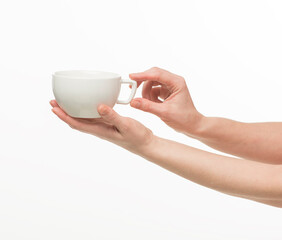hands holding a cup on a white background isolated
