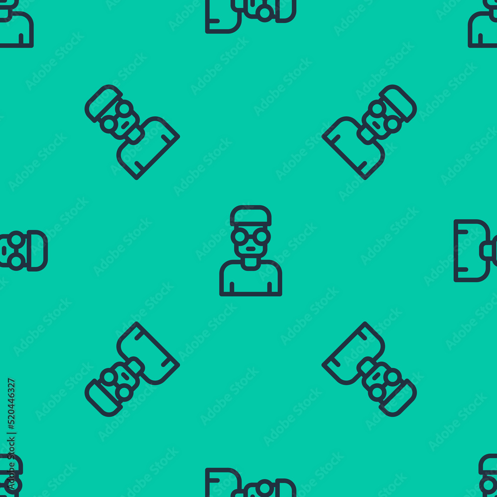 Poster blue line nerd geek icon isolated seamless pattern on green background. vector