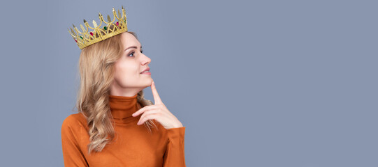Princess woman with crown. Woman portrait, isolated header banner with copy space. thoughtful blonde woman in crown. arrogance and selfishness. portrait of glory.