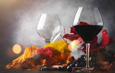 Red wine Cabernet Franc in  glass on  dark background with autumn grape leaves