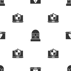 Set Laptop with exclamation mark, Flasher siren and protected shield on seamless pattern. Vector