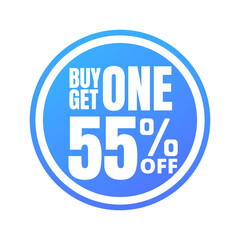 55% off, buy get one, online super discount blue button. Vector illustration, icon Fifty-five 