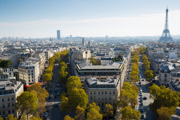 Fototapeta premium Cityscape of Paris with the Eiffel Tower and apartment buildings aerial view, France