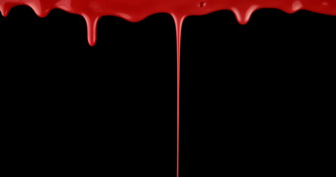 Spooky steady drip of bright red blood pouring over black background.