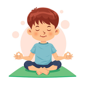 Cute boy sitting cross-legged and meditating in yoga pose, calm and relaxed