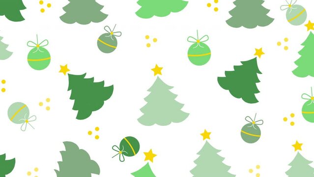 Animated Christmas tree and balls with shining stars texture looped pattern design Magical pattern for Christmas Holiday and New Year. Can be used as banner background, card template animation or else