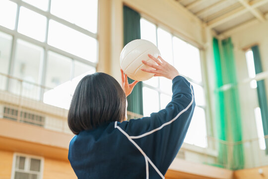 体育館 バレーボールの練習をする女子高生