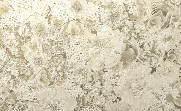 Metallic embossed flowers with white paint background. 3D illustration. 3D render