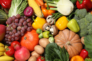 Assortment of organic fresh fruits and vegetables as background, closeup