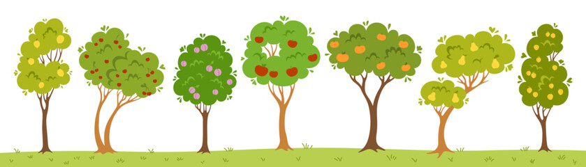 Fruit tree garden flat cartoon set. Abstract different orchard trees apple, pear and lemon, cherry, tangerine, plum and apricot. Farm ripe fruits harvest botanical eco collection. Vector illustration