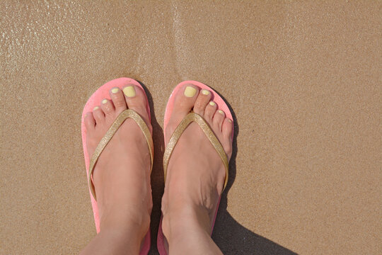 Woman in stylish pink flip flops standing on wet sand, top view. Space for text