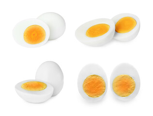 Set with tasty hard boiled eggs on white background