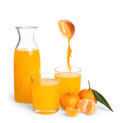 Tasty tangerine juice and fresh ripe fruits on white background