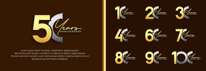 Naklejka premium set of anniversary logo gold and silver color on brown background for celebration moment